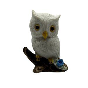 Vintage Napcoware White Ceramic Owl Figurine On Branch With Blue Flower #9880